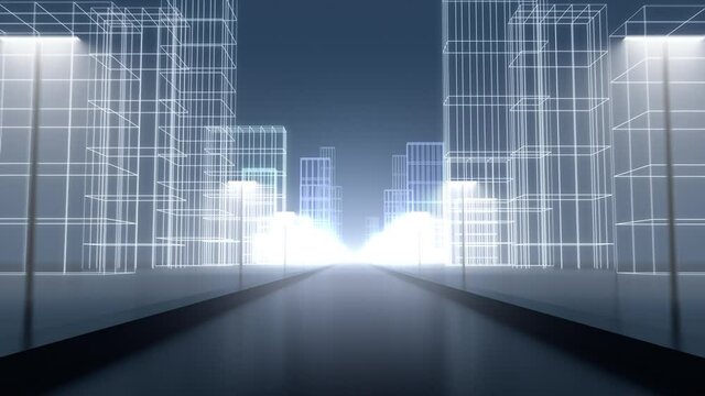 Streets of a night futuristic wireframe city. Can be used as a background for abstract futuristic technology concept. Wireframe buildings and street lights.
