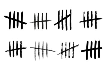 Tally mark number lines on the wall. Hand drawn sticks for counting time in prison. Vector illustration design set.