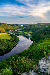 A lookout over the Vltava river in Solenicka Podkova during sunset in Czech republic. 