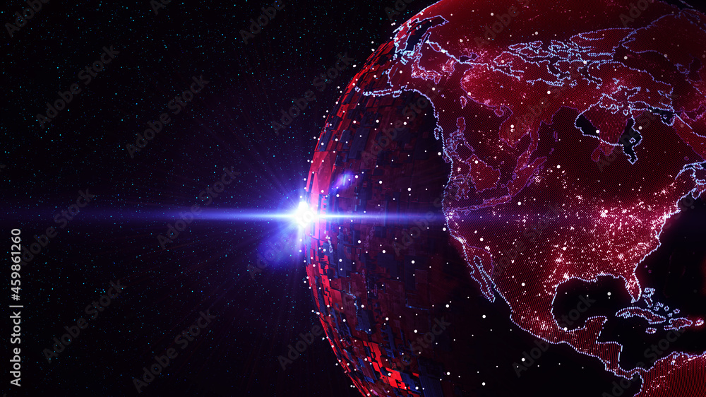 Poster Global International Connectivity Background/3d Illustration. Connection lines Around Earth Globe, Motion of digital data flow. Futuristic Technology Theme Background with Light Effect. 
