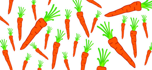 Orange carrot silhouette banner background. Fresh Carrots with halm and leaves. Cartoon drawing vegetable food, vegetarian seamless pattern. Carrot icon or pictogram. 