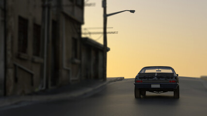 Vintage 1970s muscle car drives down a deserted street in a run-down old village at sunset. Rear view. 3D render.