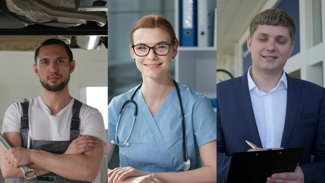 multi screen of diverse people of different occupation, auto mechanic with spanner standing with crossed hands, female doctor in glasses and blue uniform sitting in office, businessman in suit
