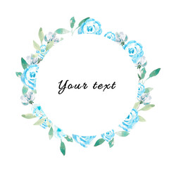 Watercolor template. A wreath of blue flowers and greenery. Template for postcards, designs, prints, invitations, etc.