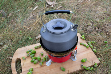Boiling water in a kettle in nature on a gas burner. Rest and tourism in the forest. Kettle on a gas burner