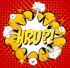 HRU text on comic cloud explosion on red background