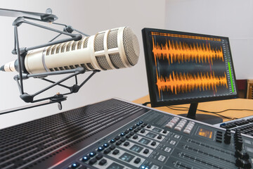 Professional microphone in radio station studio