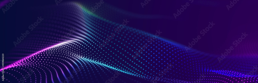 Poster abstract wave background with many glowing particles. musical wave. digital network background. 3d