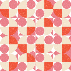 Modern vector abstract seamless geometric pattern with semicircles and circles in retro scandinavian style. Pastel colored simple shapes with separate worn out texture.