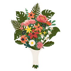 Flower bouquet, bunch of pink and yellow flowers and green branches. Vector illustration in flat cartoon style on white background.