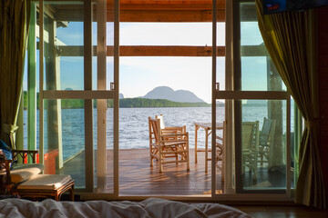 inside bedroom and nature sea view background