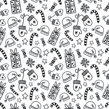 Vector seamless pattern Christmas design. Hand drawn seamless doodel texture for holidays, wrapping paper, invitations, gifts 