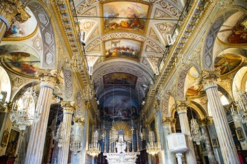 Fototapeta na wymiar Europe. Italy. Liguria. Gulf of Tigullio, Italian Riviera. Santa Margherita. The baroque Church San Giacomo. Detail of the painted ceilings