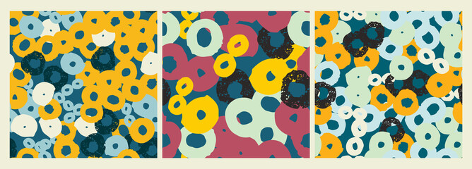 Colorful set of seamless patterns, backgrounds, headers, collages with shapes. Vector illustration