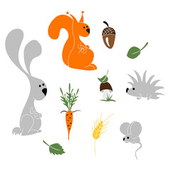 Funny forest animals set. Cartoon illustrations on white background.