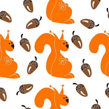 Funny squirrel with arcon seamless pattern on white background.