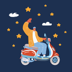 Vector illustration of man on scooter motorcycle at the nigh over dark background