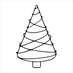 Christmas tree with doodle style decorations. Simple decor for festive Christmas and New Years. Vector illustration isolated on white background.