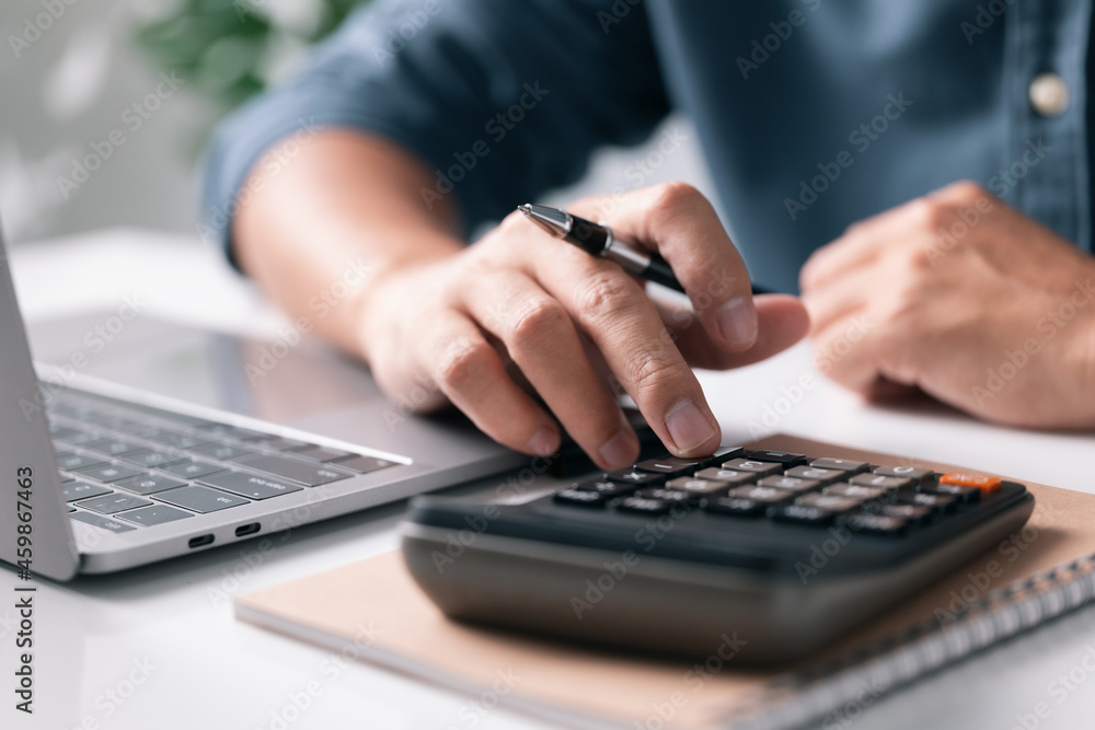 Poster man using calculator counting finances taxes fees. business analysis accounting concept