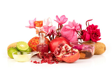 Face mask with pomegranate fruits and lemond  isolated on white background.