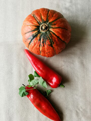 Pumpkin, mint and red sweet pepper lie on a light fabric.