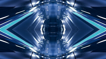 Modern futuristic neon background with rays and lines. Dark abstract background. Light tunnel, corridor. Cyber, gaming industry. 3d illustration 