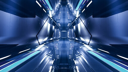 Modern futuristic neon background with rays and lines. Dark abstract background. Light tunnel, corridor. Cyber, gaming industry. 3d illustration 