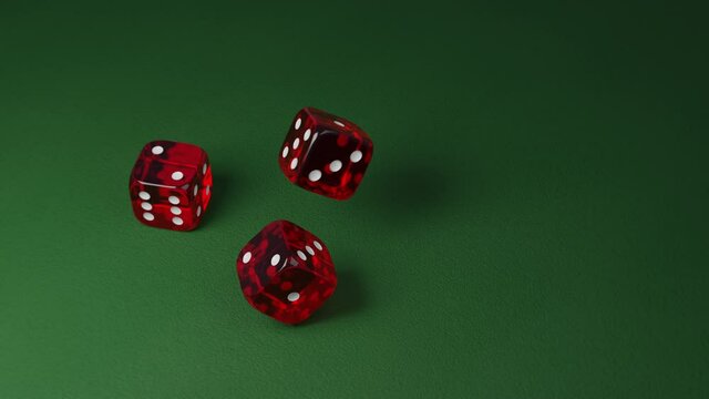 Three dices falling and rolling on green table surface. Slow motion. Transparent red colored plastic, white dots. Realistic 3D Render. Gambling, casino, playing game addiction concept. Luck, success 