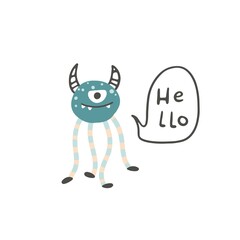 Cyclops monster with horns. He says hello. Cute cartoon character in simple hand drawn scandinavian style. Vector childish doodle illustration. Baby card, print for clothes.