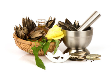 Abelmosk and oil isolated on white background.