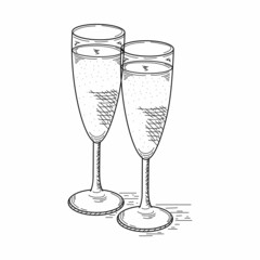 Drawing, engraving, ink, line art, vector illustration two glasses champagne christmas new year concept sketch in silhouette on a white background.