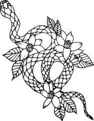 Black and white snake with flowers and leaves for printing, stamps, coloring for adults and children
