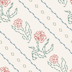 Seamless floral pattern. Vector embroidery imitation. Light vintage background. Canvas texture emulation. Fantasy flowers like tulips. Hand drawn red, green, blue stitches on beige cloth. Flat colors. - 459870062