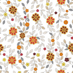 Floral seamless vector pattern.Folk embroidery imitation. Red, yellow, orange flowers, grey and light beige curls and simple leaves with dark contour on white background.  - 459870096