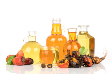 Palm fruits and oil isolated on white background.