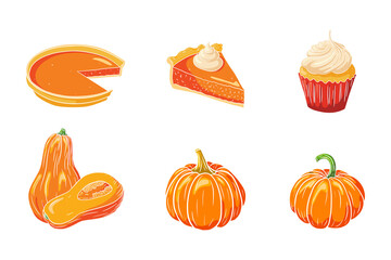 Pumpkin Dishes Set. Fresh ripe pumpkins, pumpkin pies and cupcake. Traditional Thanksgiving food collection for stickers, invitation, menu and greeting cards decoration. Premium Vector