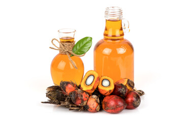 Palm fruits and oil isolated on white background.