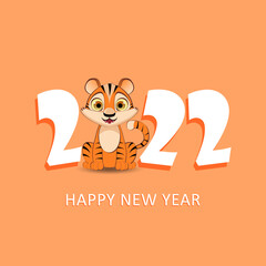 Cute Happy New Year 2022 greetings.Merry Christmas. Year of the tiger.