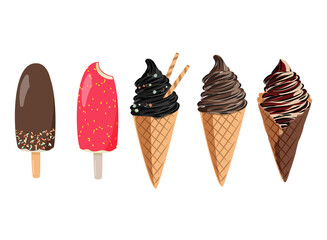 Ice cream chocolate eskimo pie vector illustration set. Collection of sweet dessert isolated onwhite background.