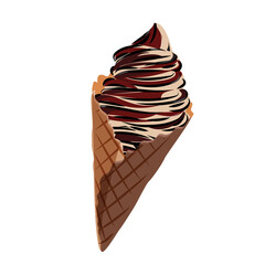 Vanilla ice cream with chocolate and berry toppings in waffle cone. Realistic vector illustration isolated on white background.