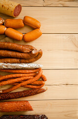 sausage on wooden board. Meat food photo. Food. 