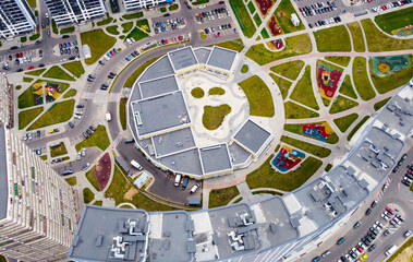 Top view of the new playgrounds and yard. Equipped territory of a residential complex with new buildings and apartments. 25 September 2021, Minsk, Belarus