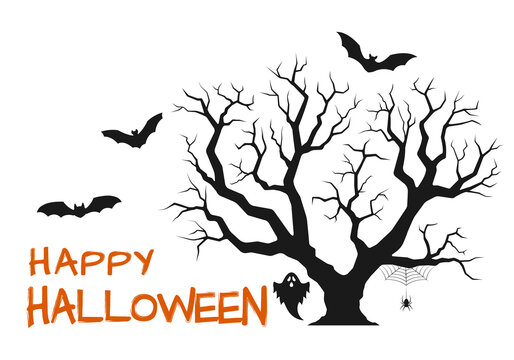 Happy Halloween text banner or background with scary tree, bat silhouettes, spider web and ghost. Poster, evil party, greeting card design template. Vector illustration.