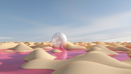 Moon 3d glowing on sand surface. 3D illustration, 3D rendering