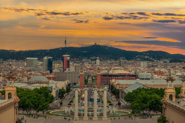 Top view of the city of Barcelona with Plaza de Espana and Mount Tibidabo