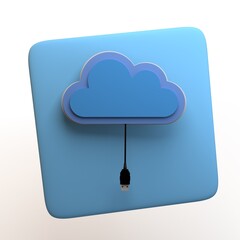 Online storage icon with cloud and USB cable isolated on white background. App. 3D illustration.
