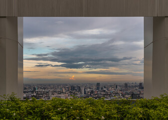 Bangkok, Thailand - Jul 25, 2020 : Skyline framed from beautiful cityscape before the sunset creates energetic feeling to get ready for the day waiting ahead. Selective focus.