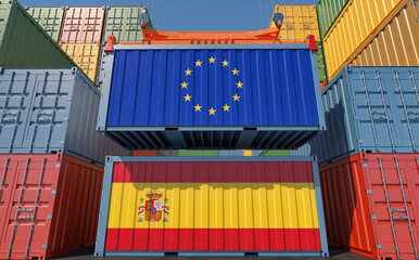 Freight containers with Spain and European Union flags. 3D Rendering 