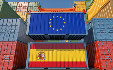 Fototapeta premium Freight containers with Spain and European Union flags. 3D Rendering 