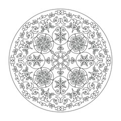 Christmas coloring page. Pretty mandala with Christmas balls, butterflies, hearts and Christmas trees. Vector illustration.